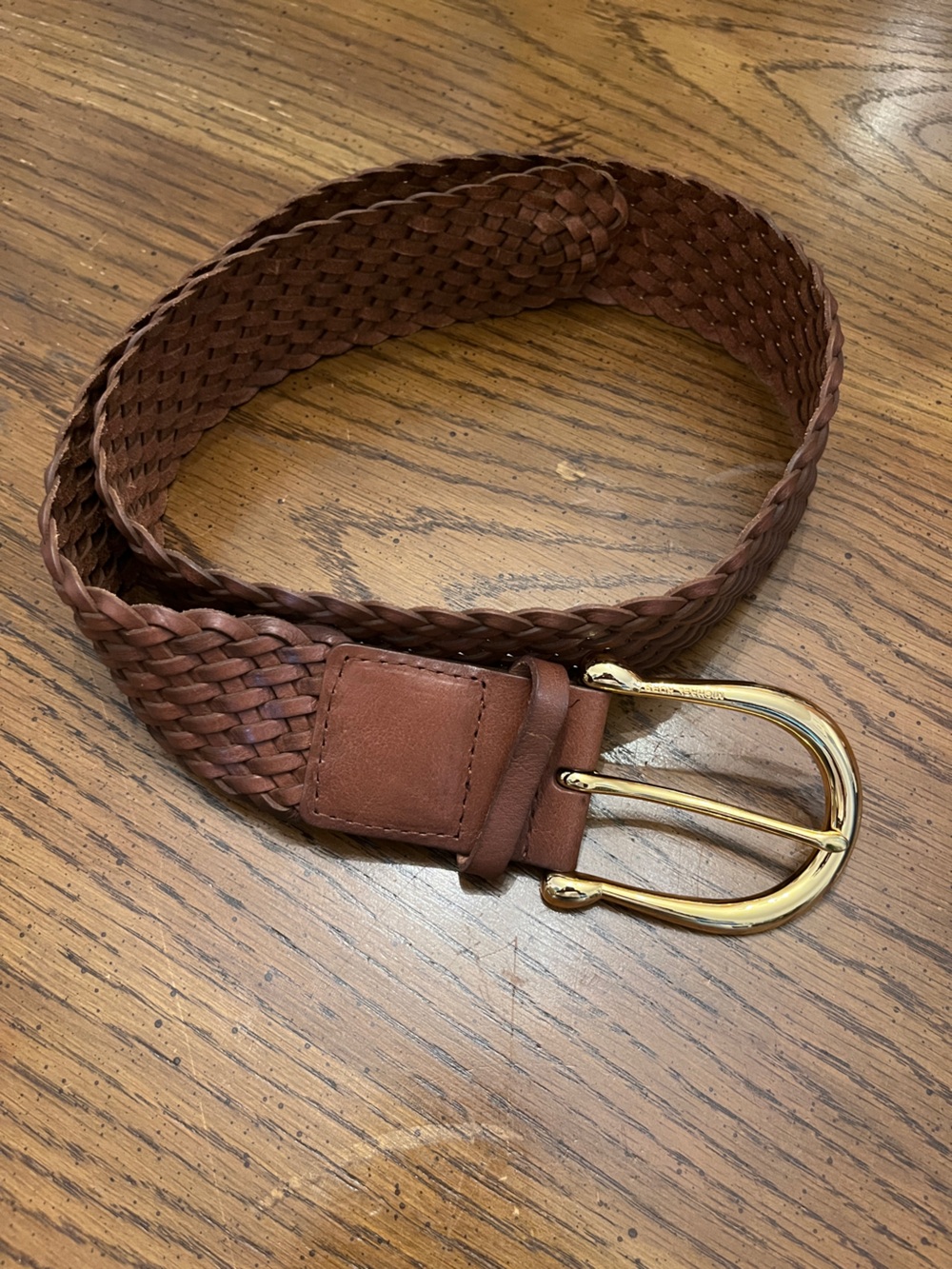 Michael Kors Braided Brown Leather Belt with Gold Buckle, size medium